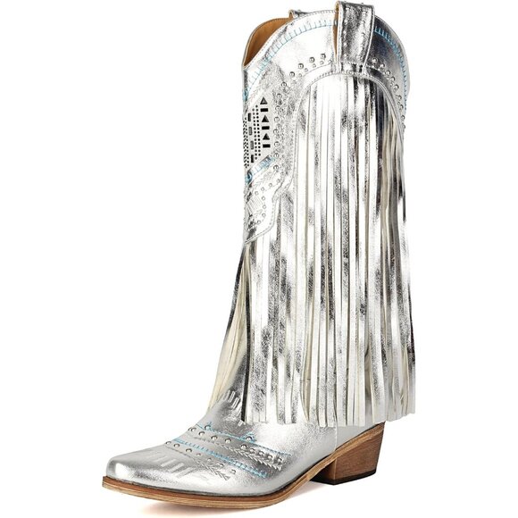 Women's Silver Wide Calf Embroidered Tassal Cowgirl Boot Knee High Snip Toe - Picture 1 of 6